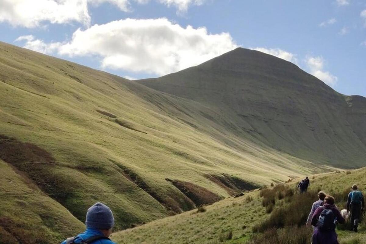 people walking on a hill with a mountain in the background