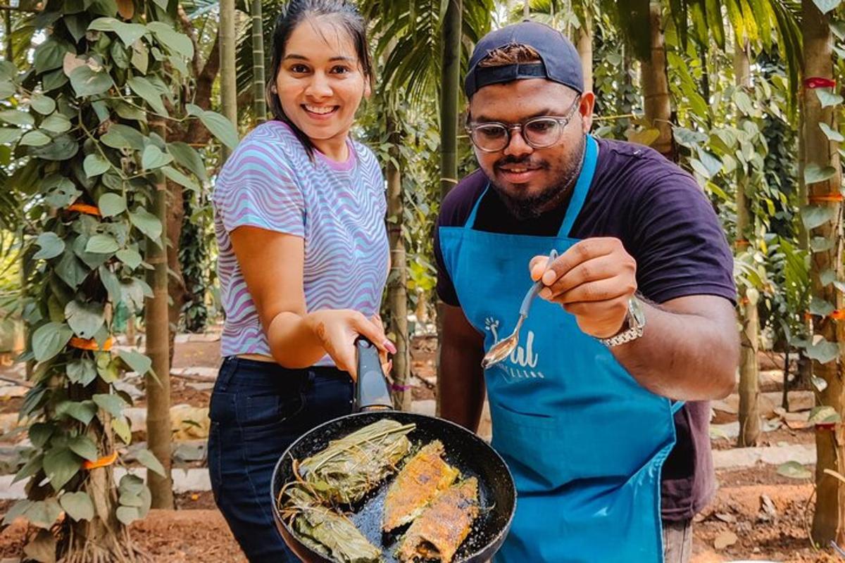um homem e uma mulher cozinhando comida em uma grelha