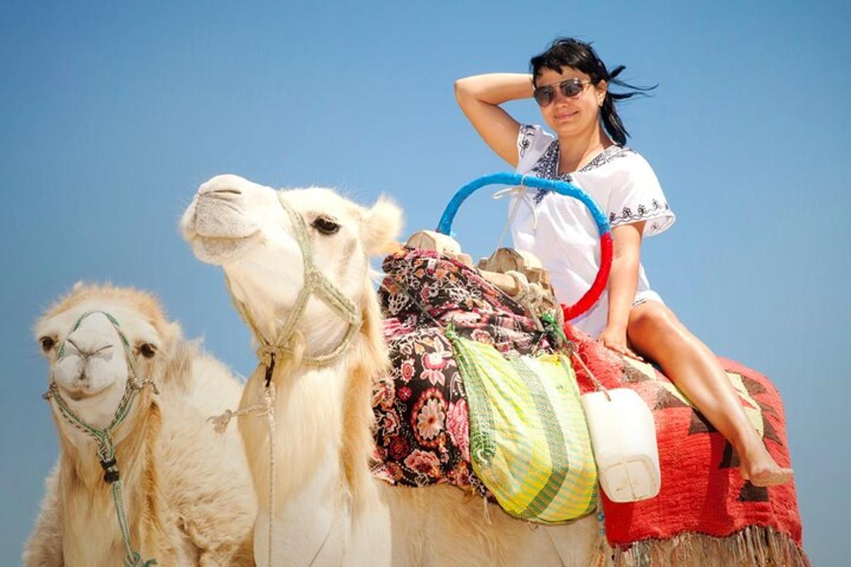 a woman riding on the back of a camel