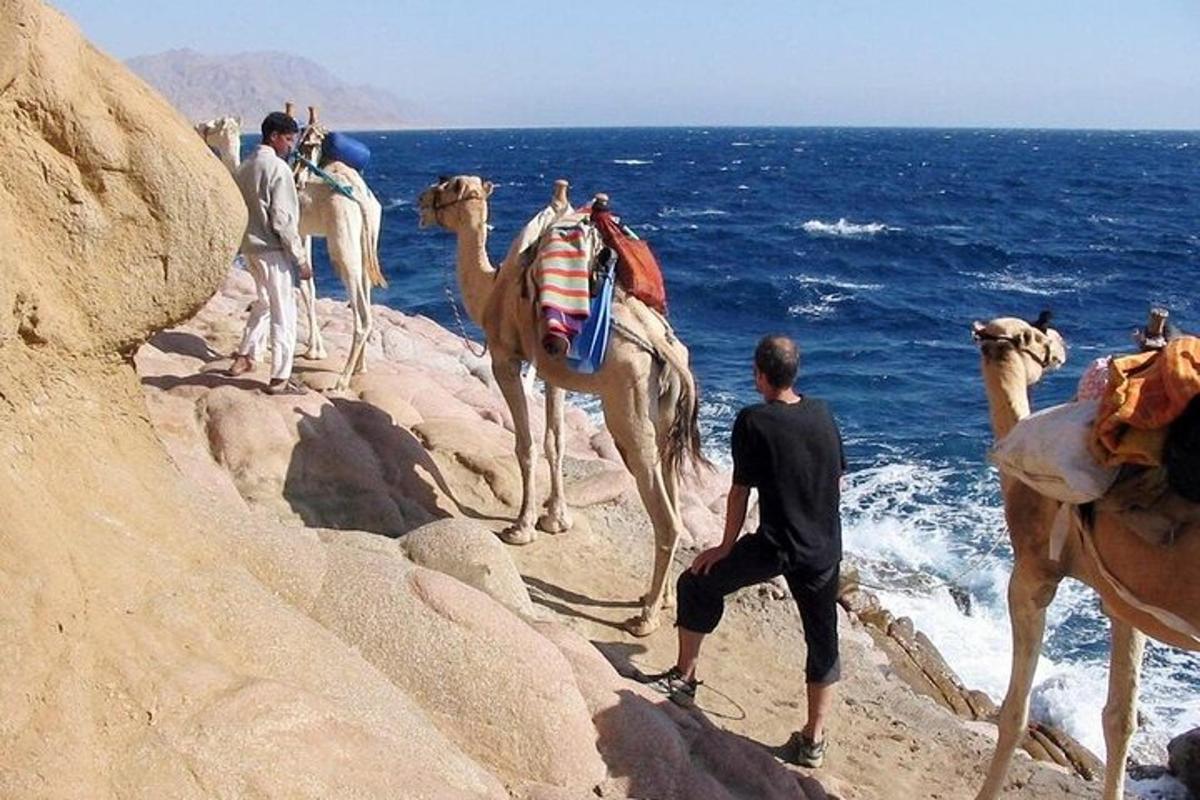 un gruppo di persone a cavallo di cammelli sulle rocce vicino all'oceano