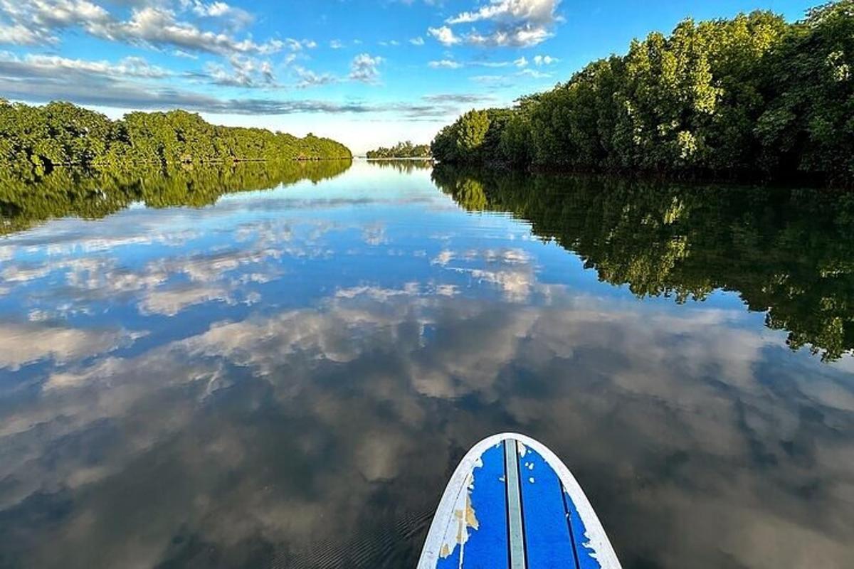 a boat on a river with trees and clouds in the water