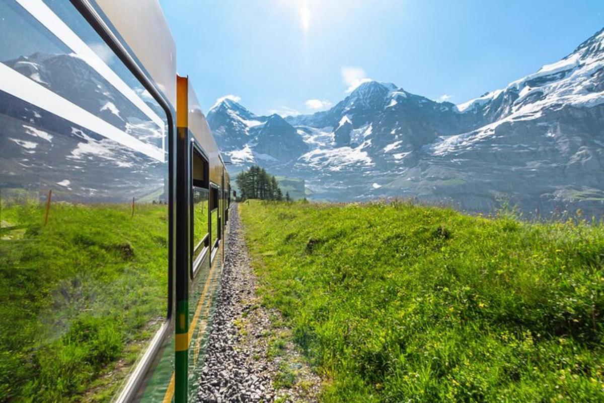 kereta api yang bergerak melalui padang dengan gunung yang dilitupi salji