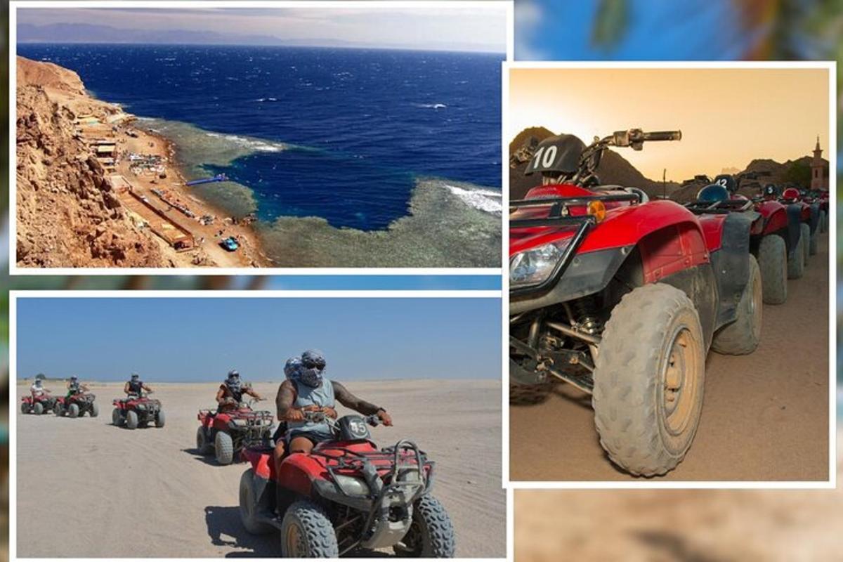 un colaj de imagini cu oameni pe ATV-uri și ocean