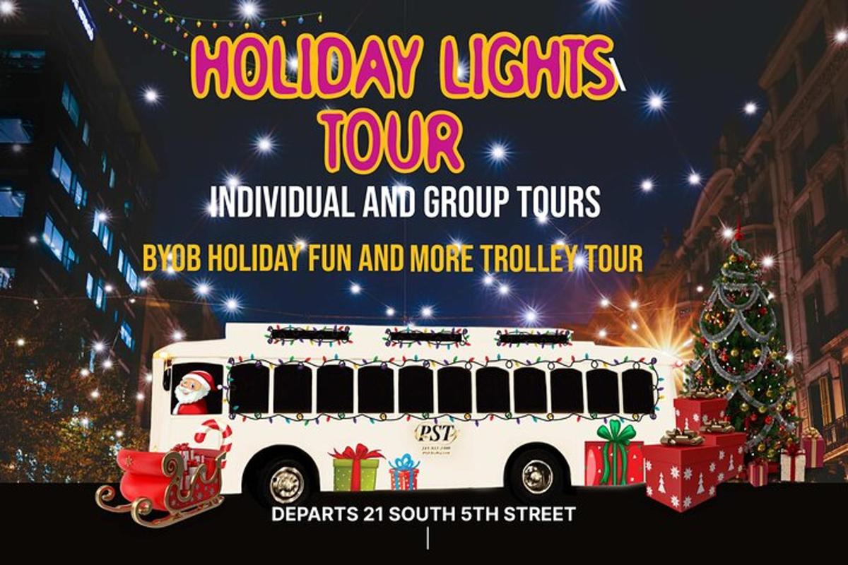 a holiday lights tour bus with a christmas tree