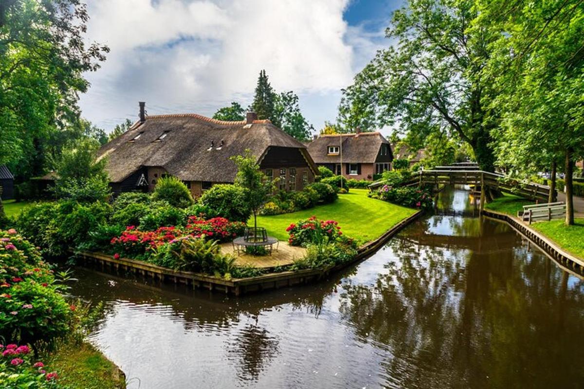 a house and a river with a bridge and flowers