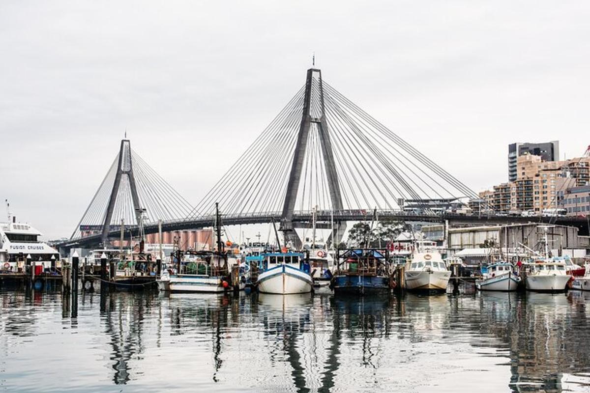 un gruppo di barche attraccate in un porto con un ponte