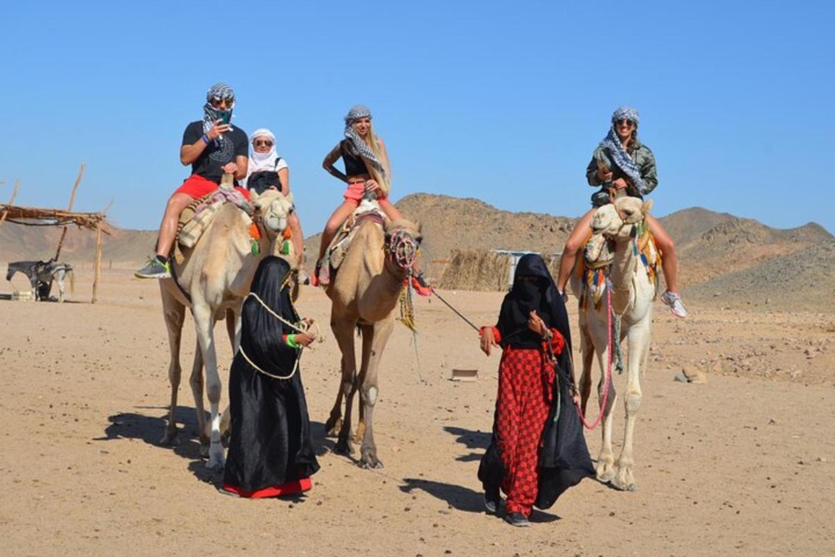 a group of people riding on the backs of camels in the desert