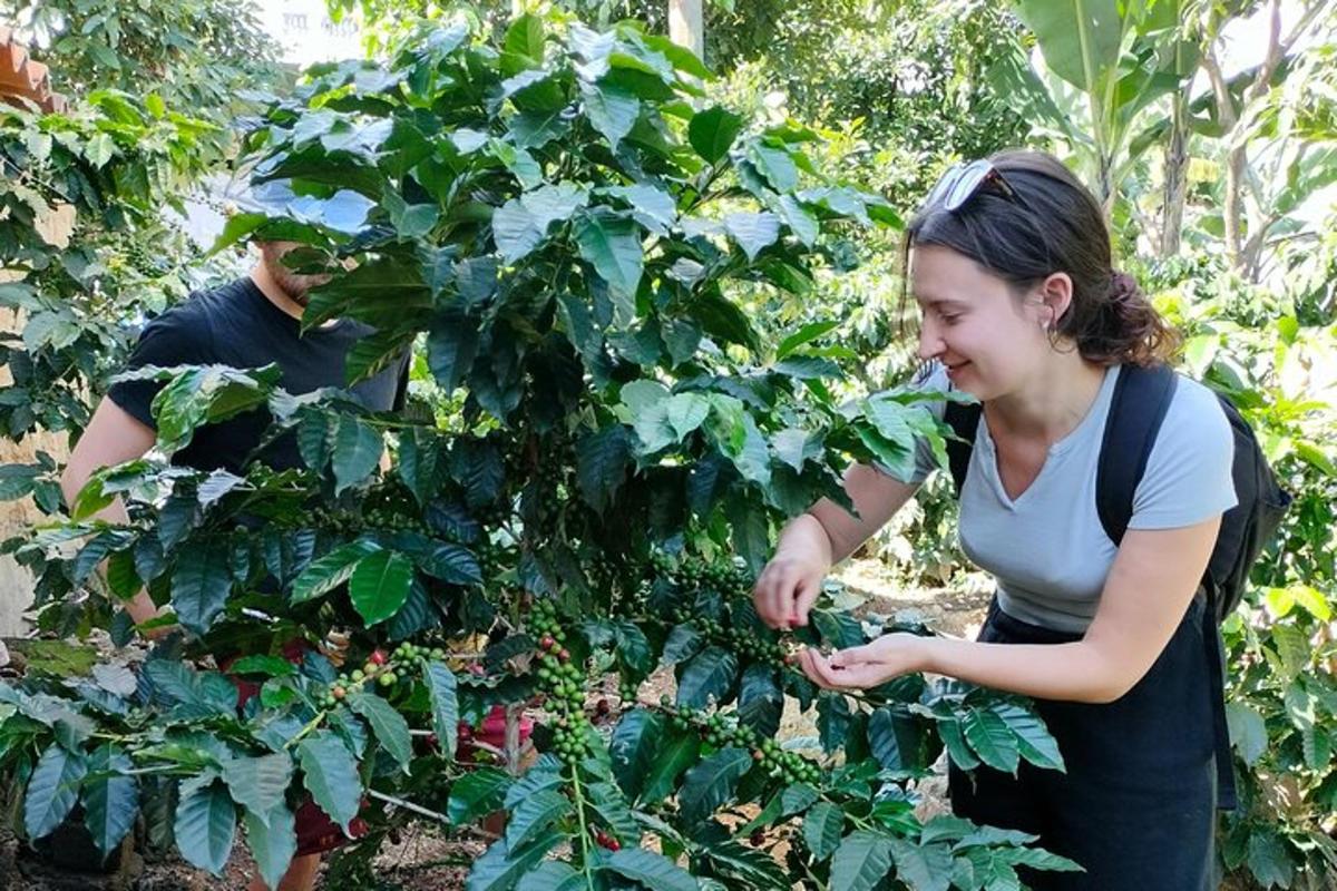 a woman standing in front of a plant