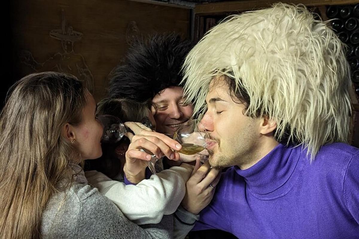 a man with a wig drinking a glass of wine