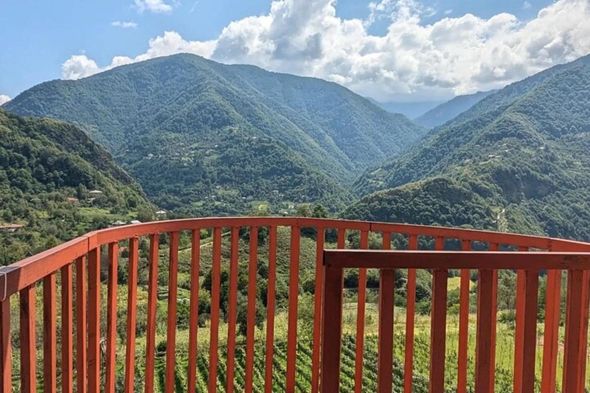 a wooden bench with a view of mountains