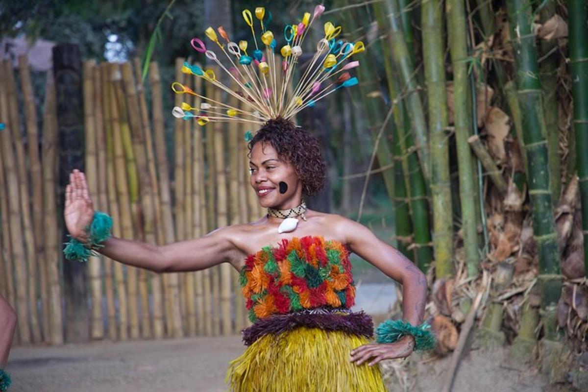 a woman wearing a colorful dress with a bunch of flowers