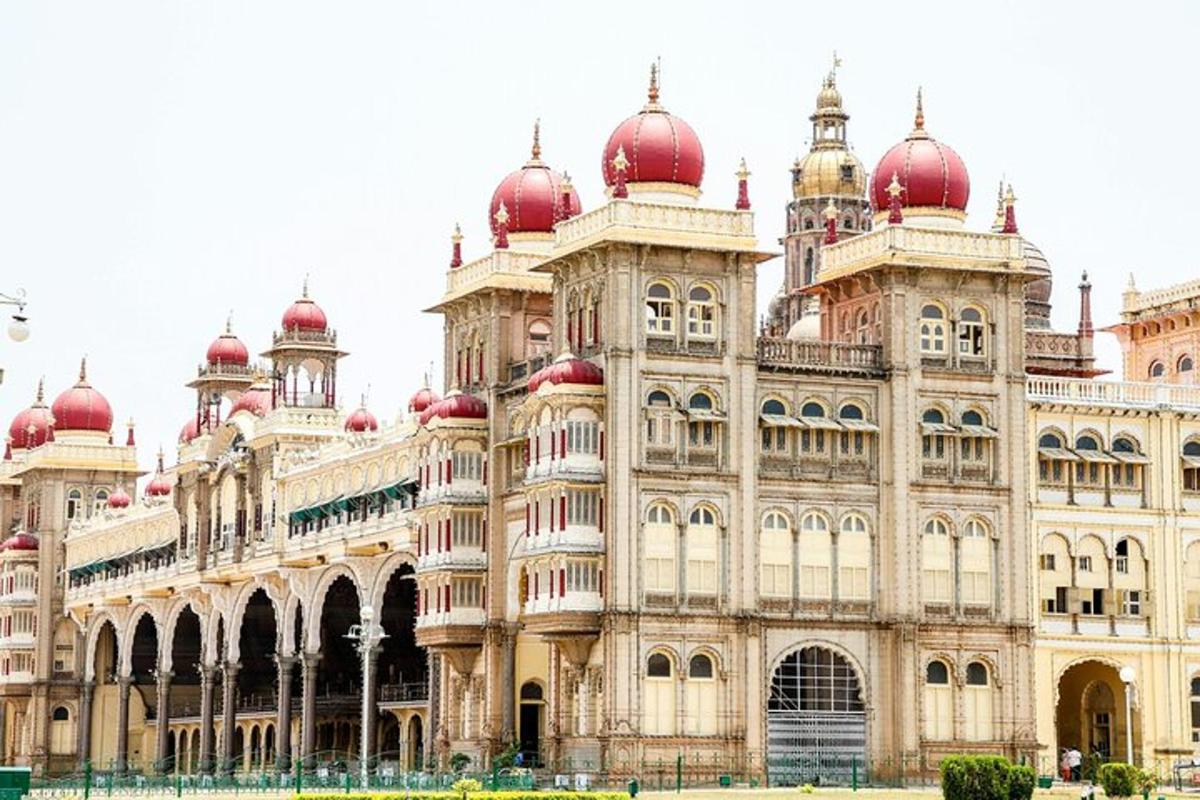 a large building with red domes on top of it