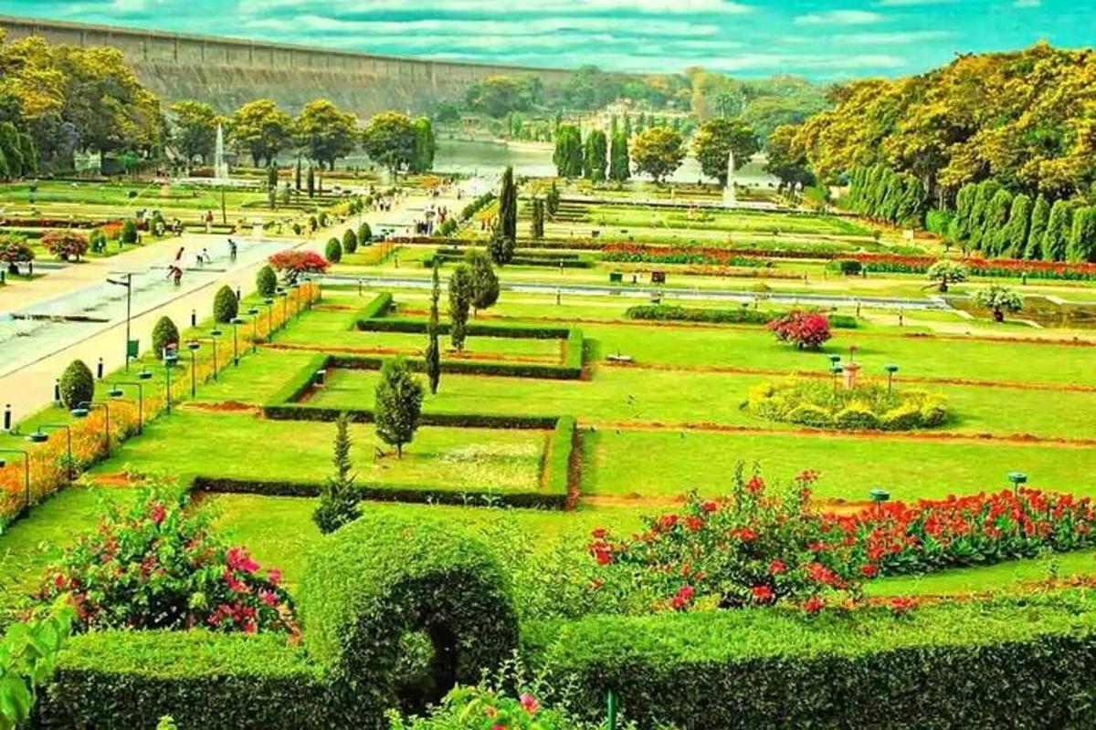 a park with flowers and trees in a park