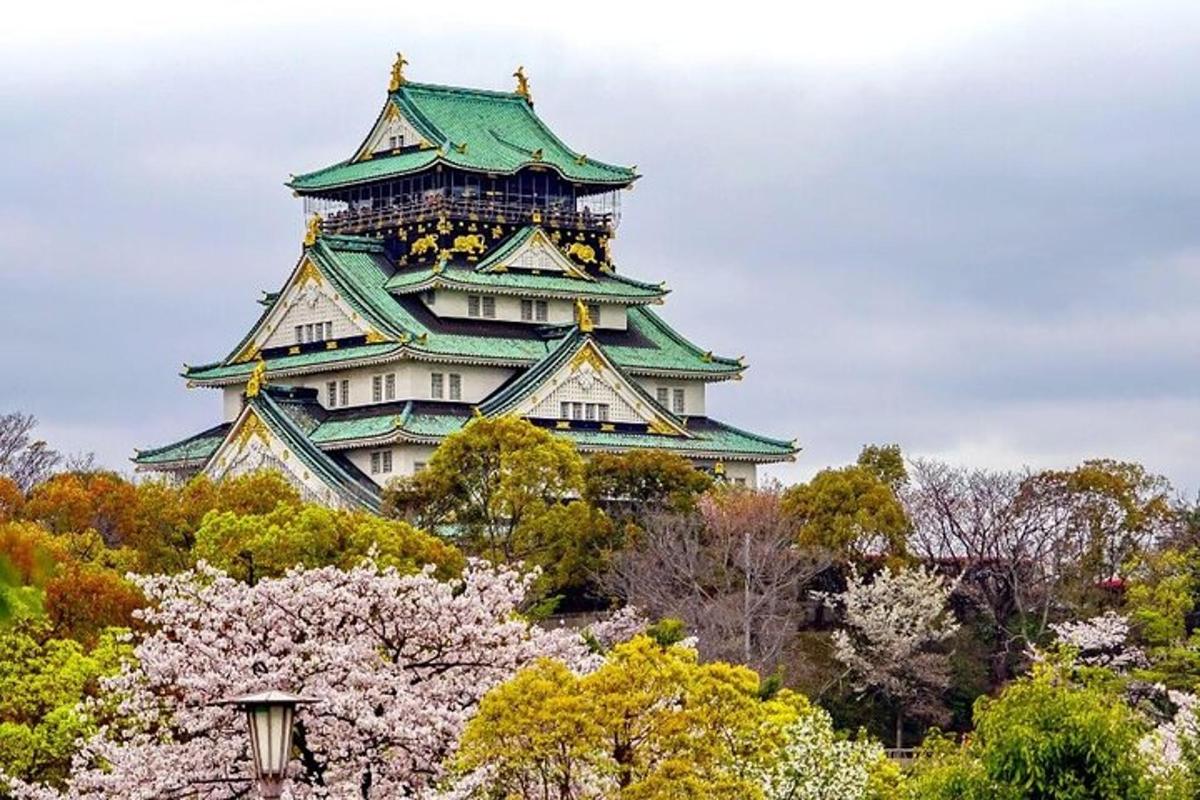 isang japanese castle na may mga puno ng akura sa harap nito