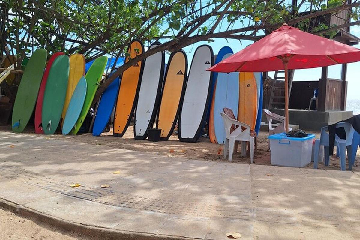 una fila di tavole da surf è allineata contro un muro