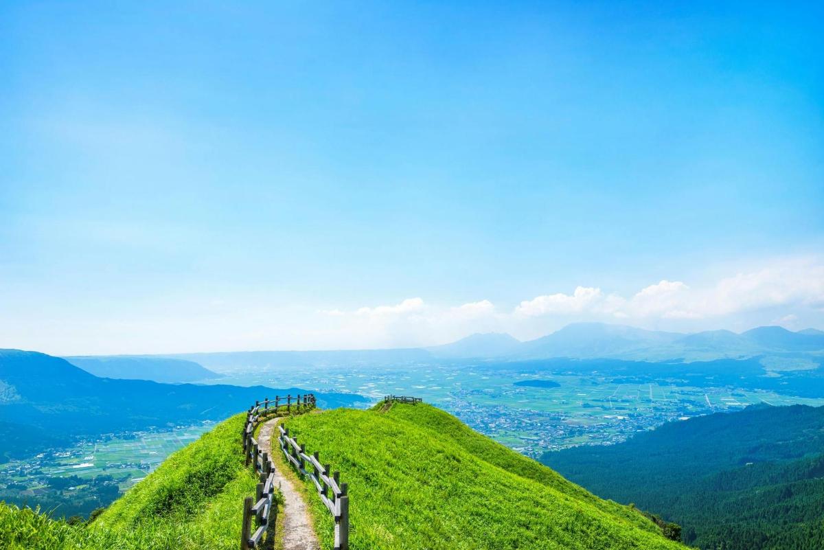 a path on a green hill with a fence