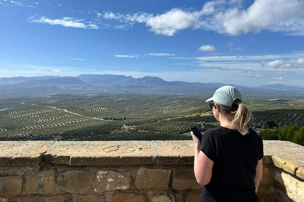a woman standing on a wall looking over a valley