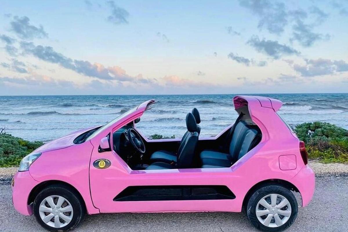 un'auto rosa parcheggiata vicino all'oceano