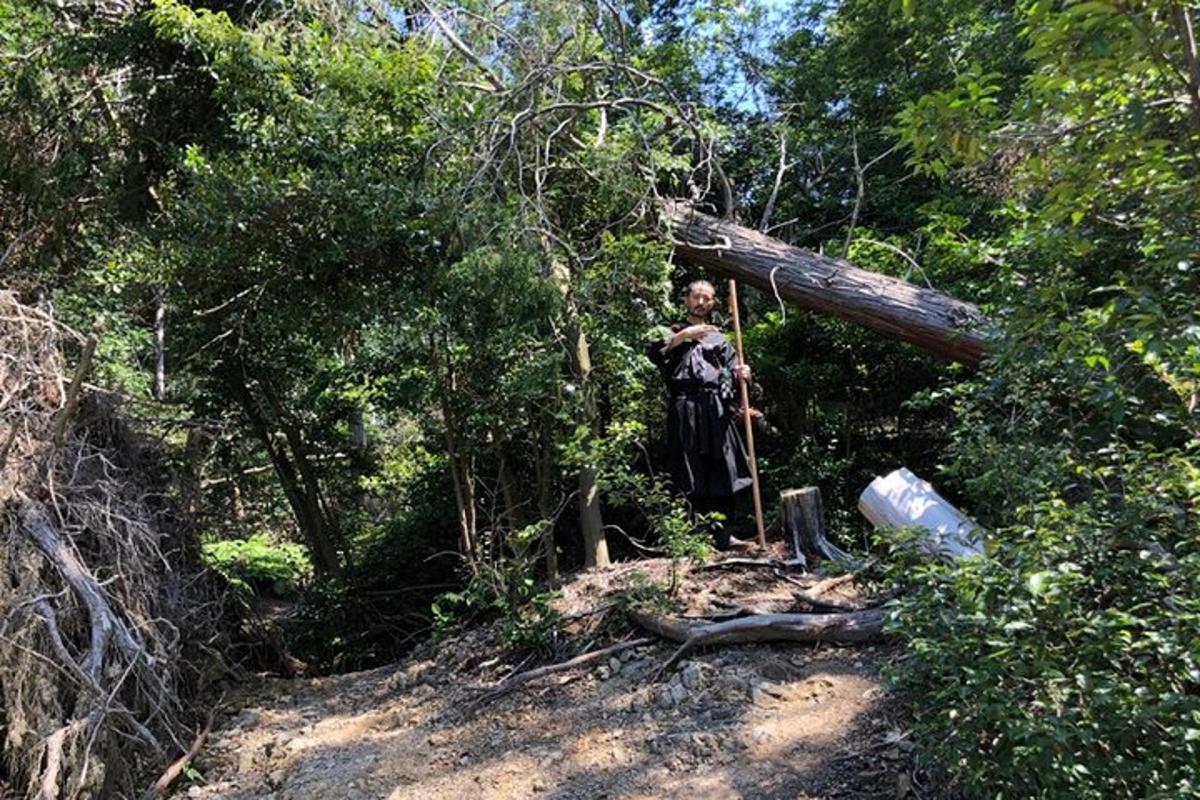 seseorang sedang berdiri di atas pokok di atas denai