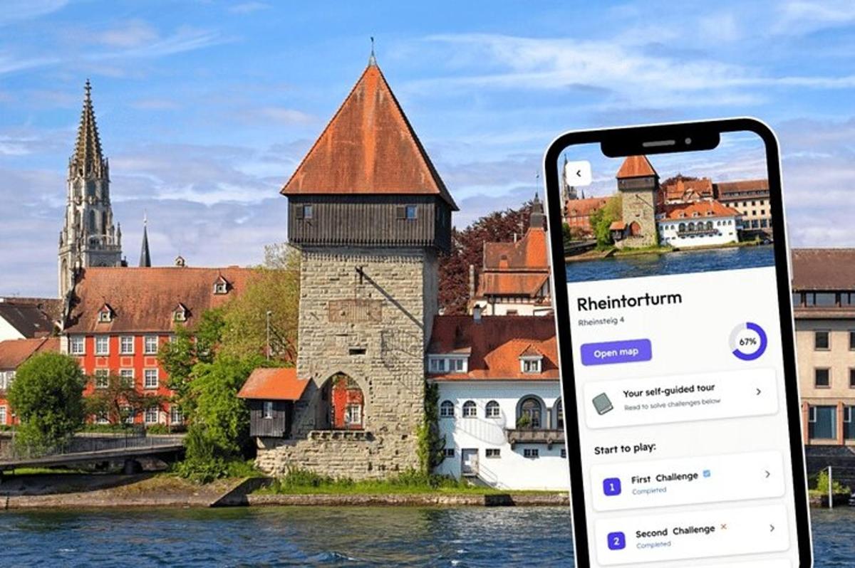 a cell phone in front of a building on the water
