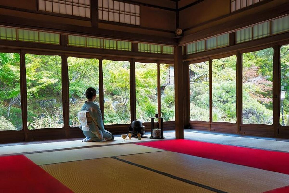 a person sitting on the floor looking out of a room with windows