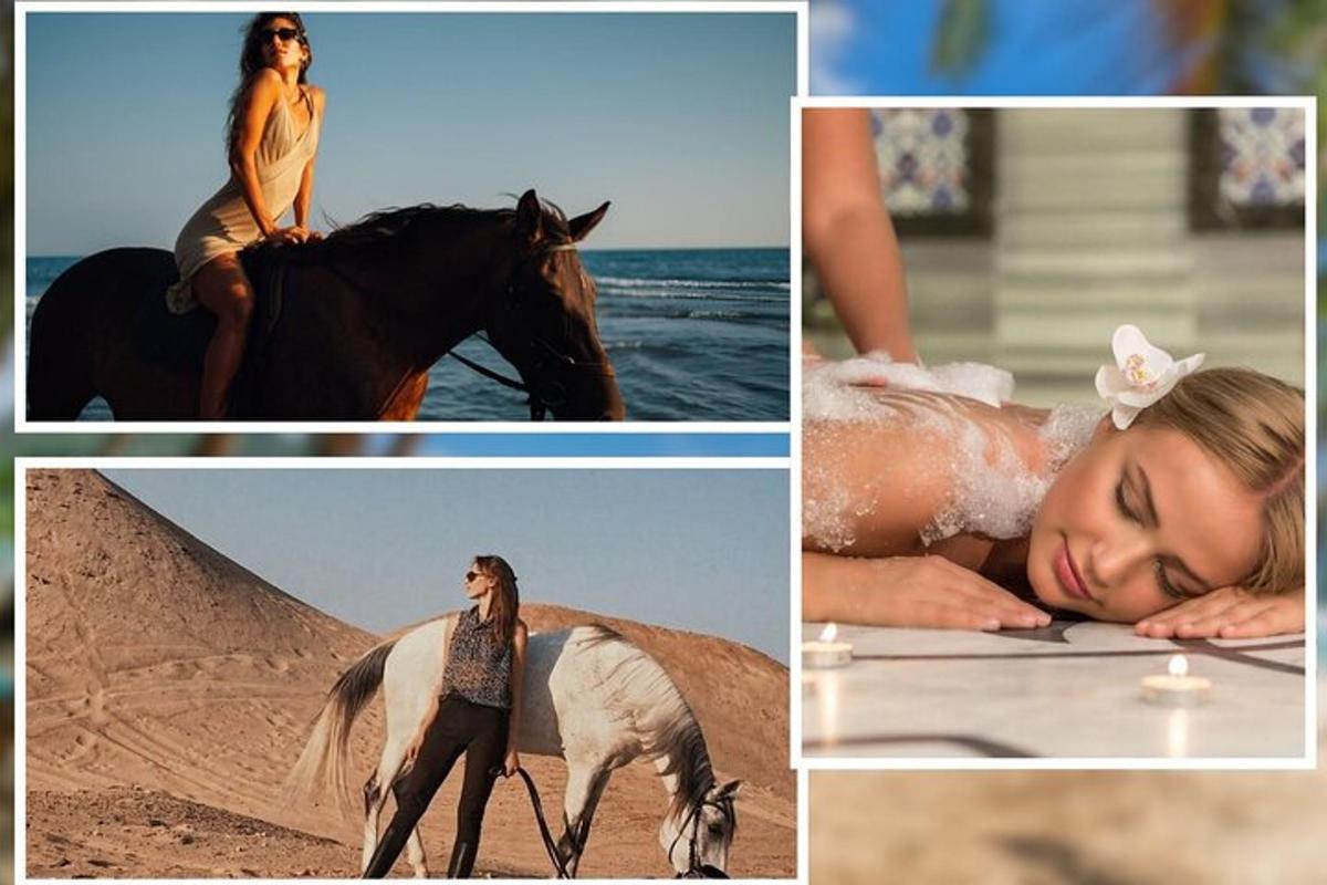 un collage de photos d'une femme à cheval