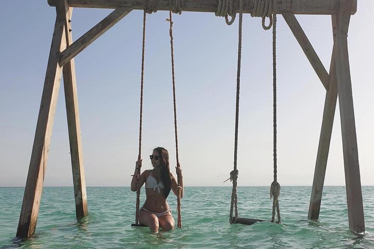 en kvinde i bikini sidder på en gynge i havet