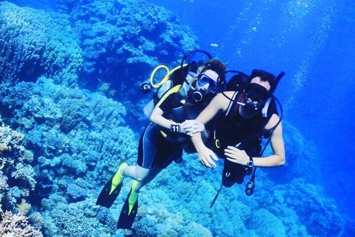 dalawang tao sa diving gear sa isang coral reef