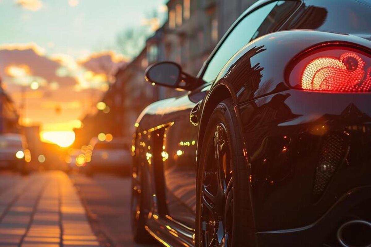 a car parked on a street with a red traffic light