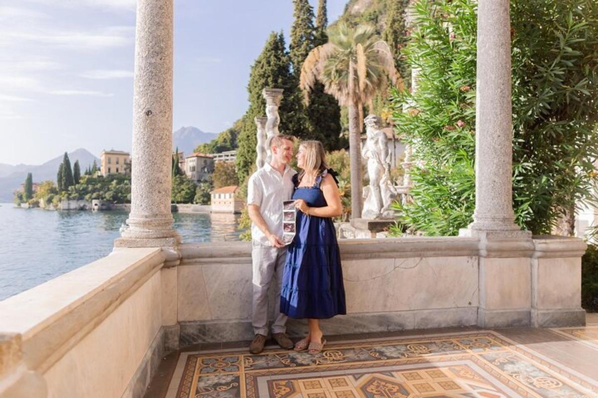 a man and a woman standing in front of a wall