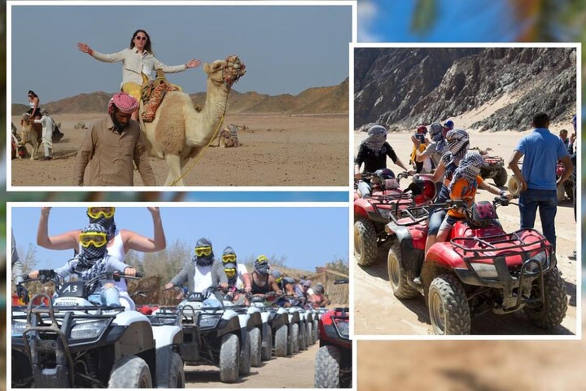 un grup de oameni pe ATV-uri și cămile în deșert