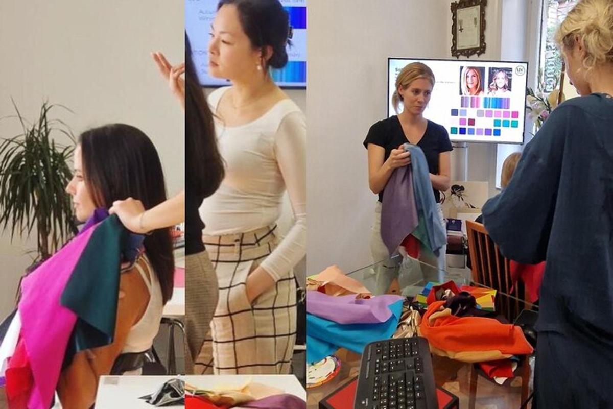 dua gambar seorang wanita di dalam bilik memegang selendang