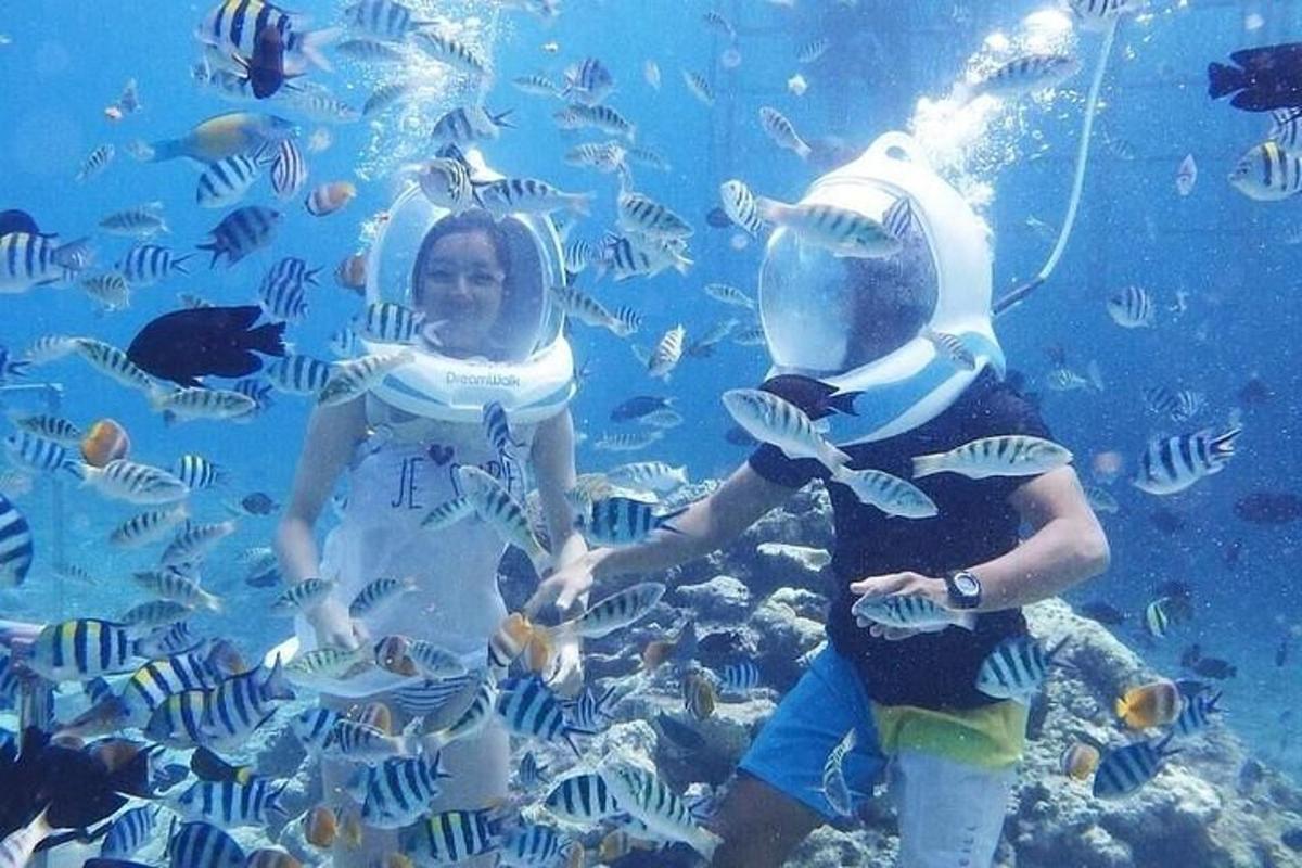 a man and a woman feeding fish in an aquarium