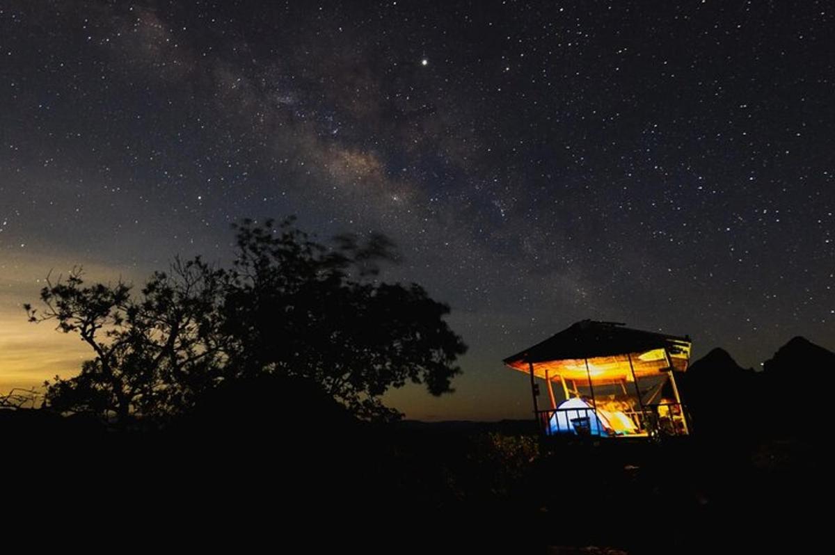a gazebo lit up at night with the stars