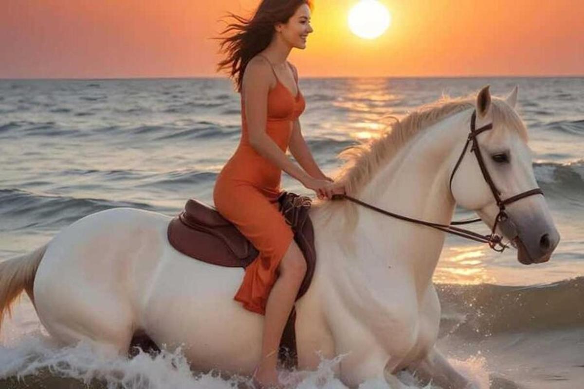 seorang wanita bergaun oranye menunggang kuda putih di pantai