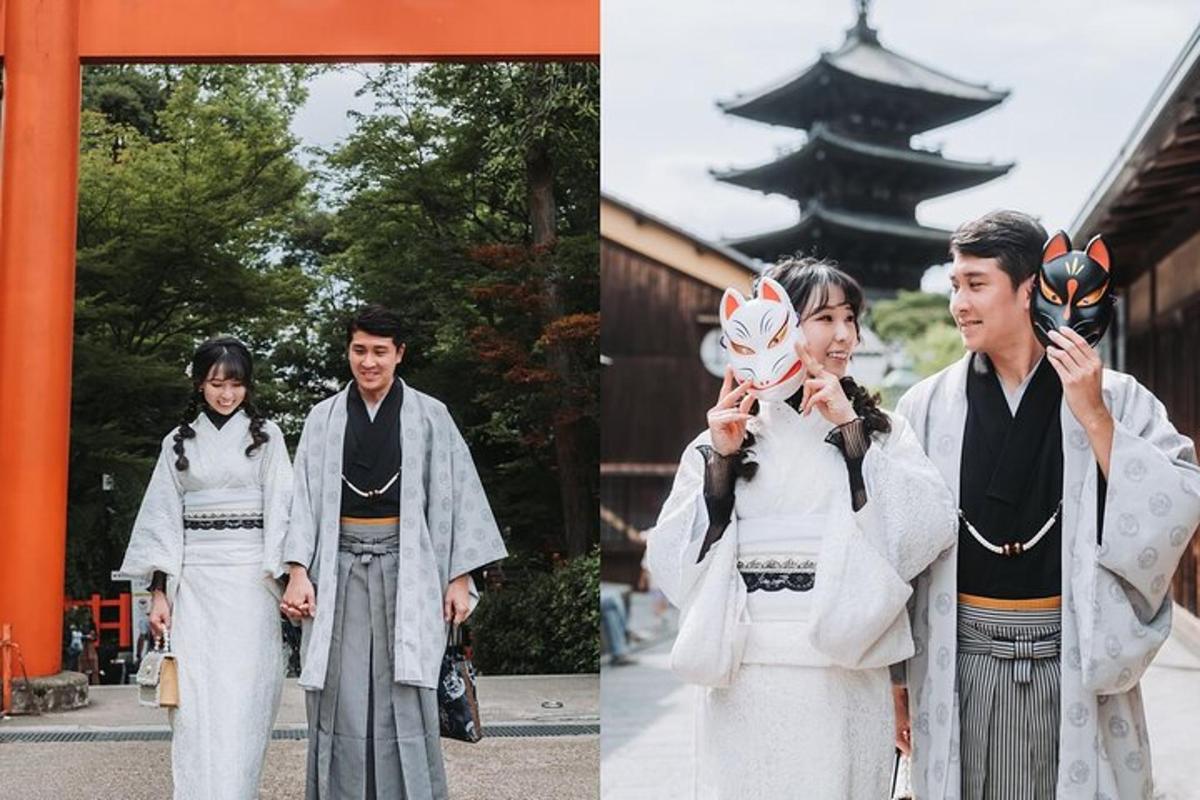 a man and a woman walking in front of a pagoda