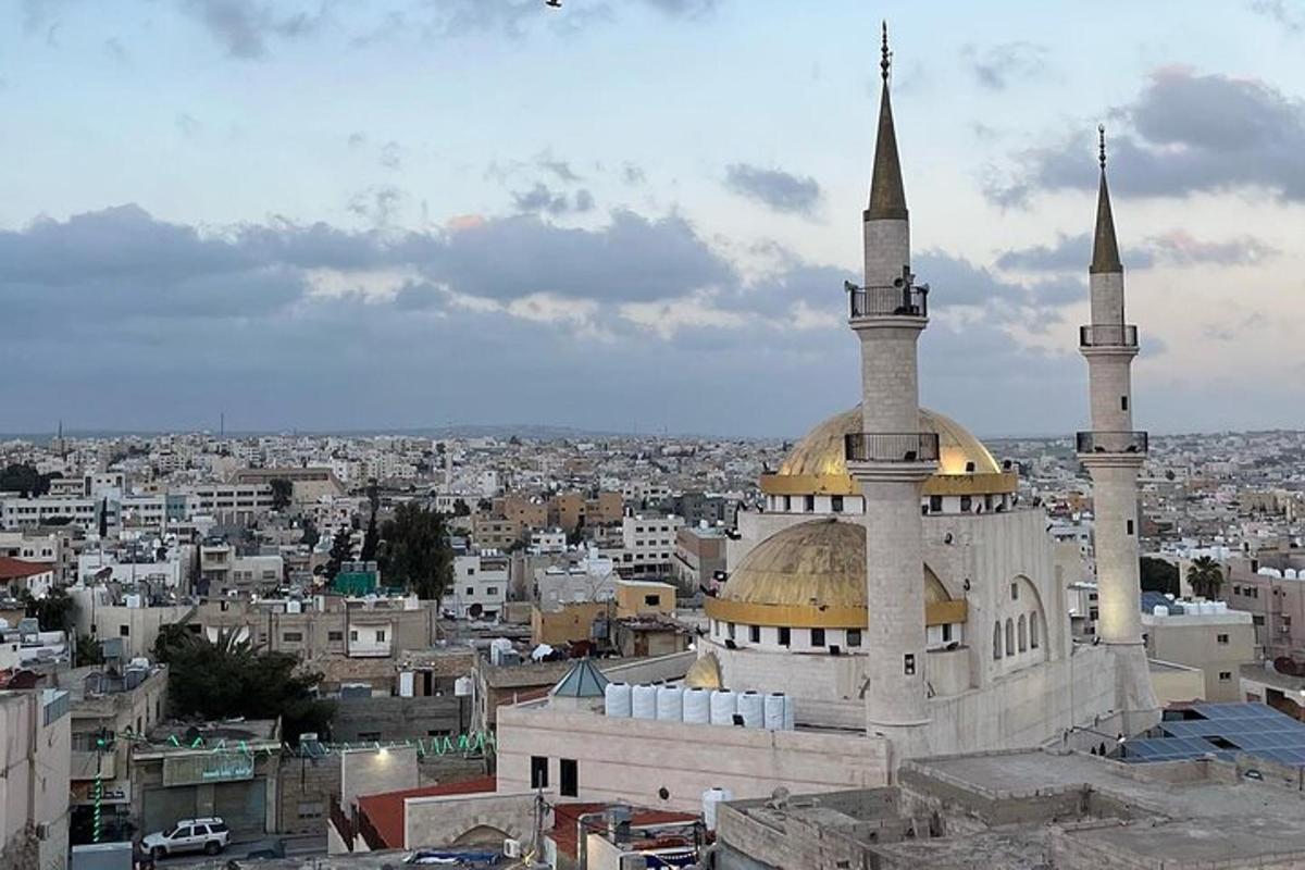 a view of a city with a mosque