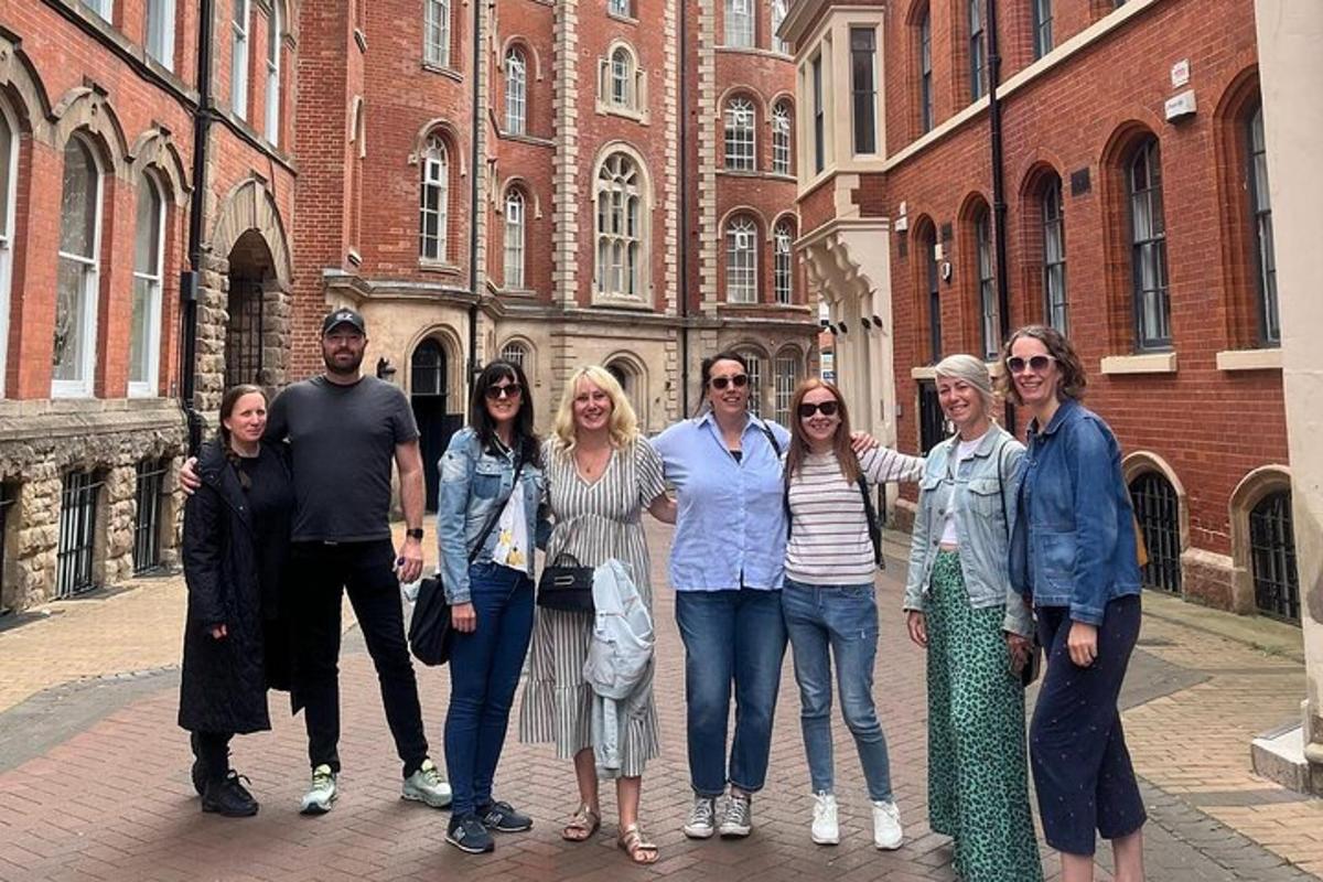 a group of people standing in front of a building