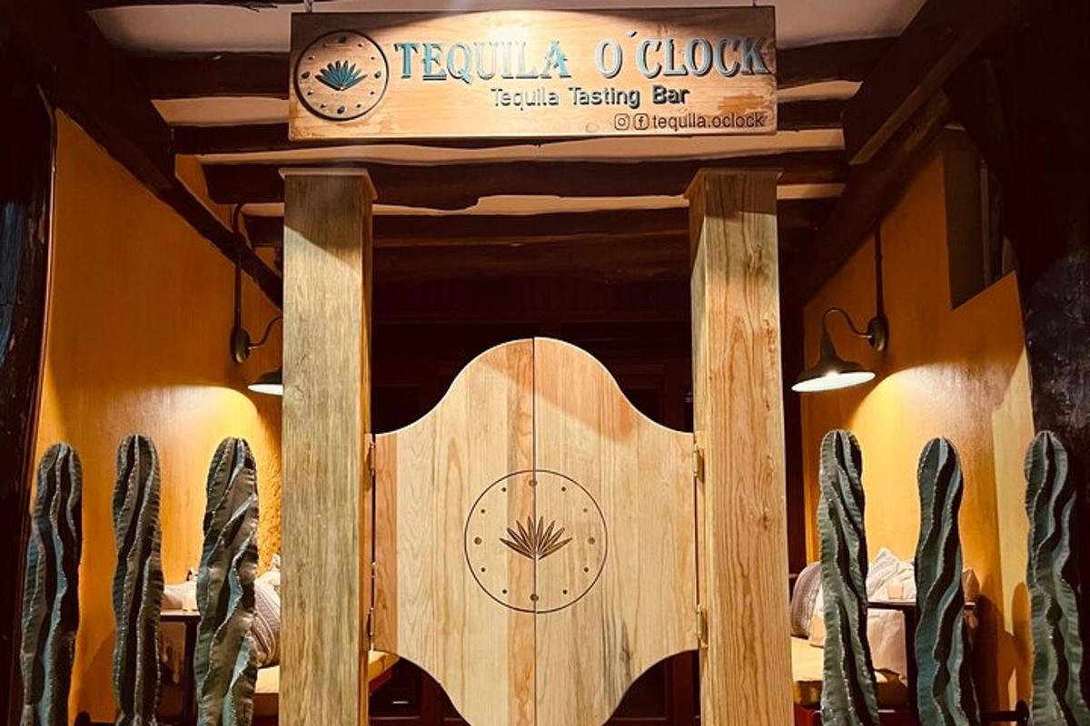 a wooden door with a sign on top of it