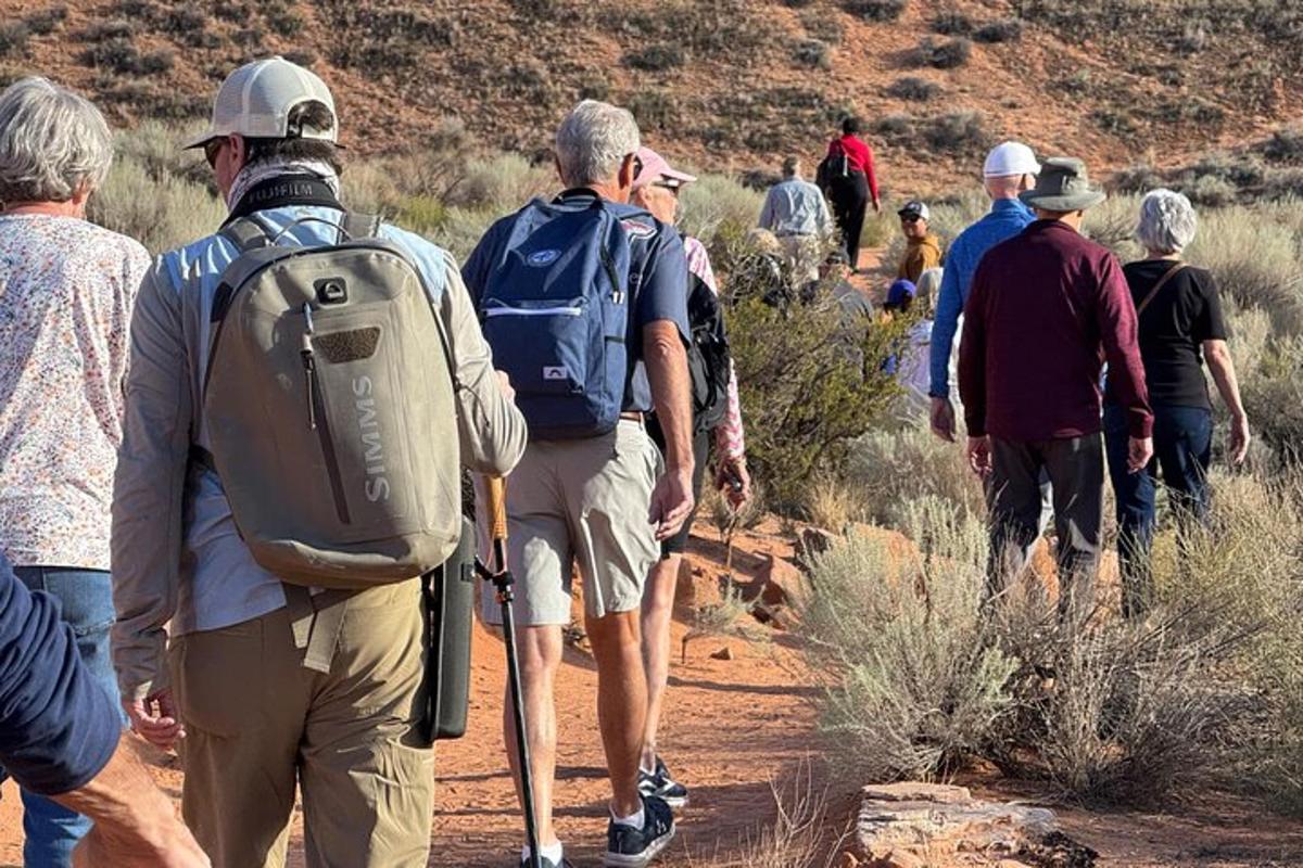 a group of people walking on a dirt trail