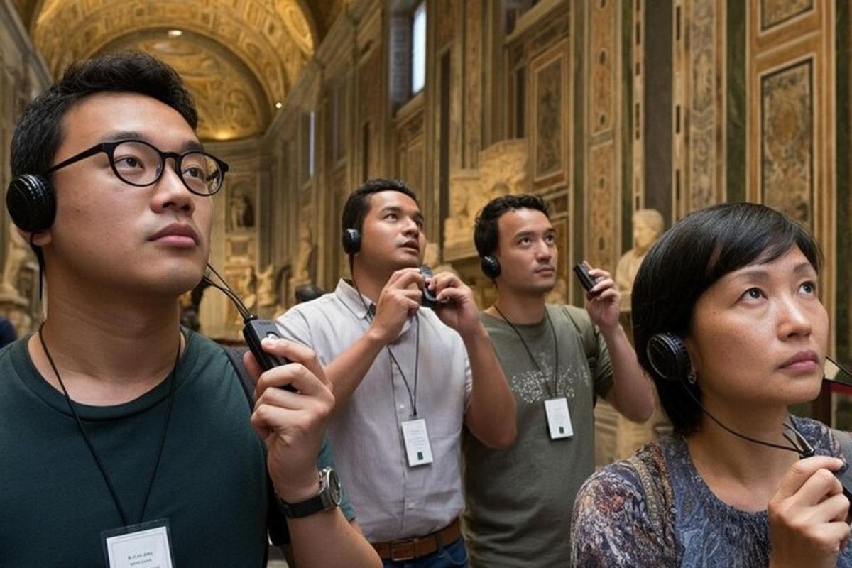 a group of people standing in a room listening to music