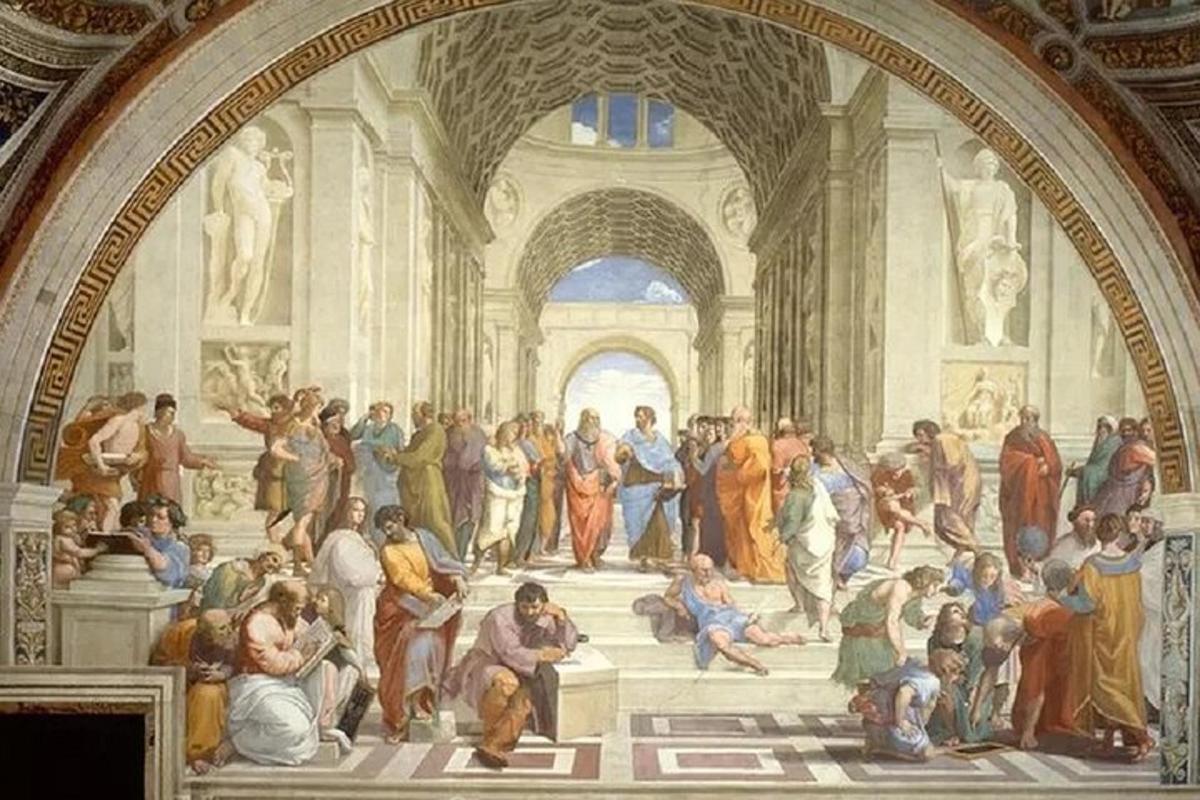 a painting of a group of people in a building