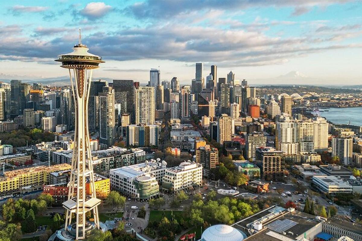 an aerial view of a city with a space needle