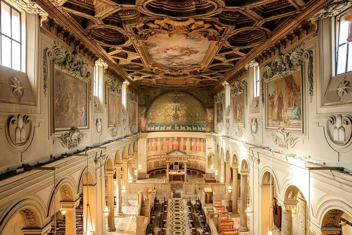 a large room with a church with a ceiling