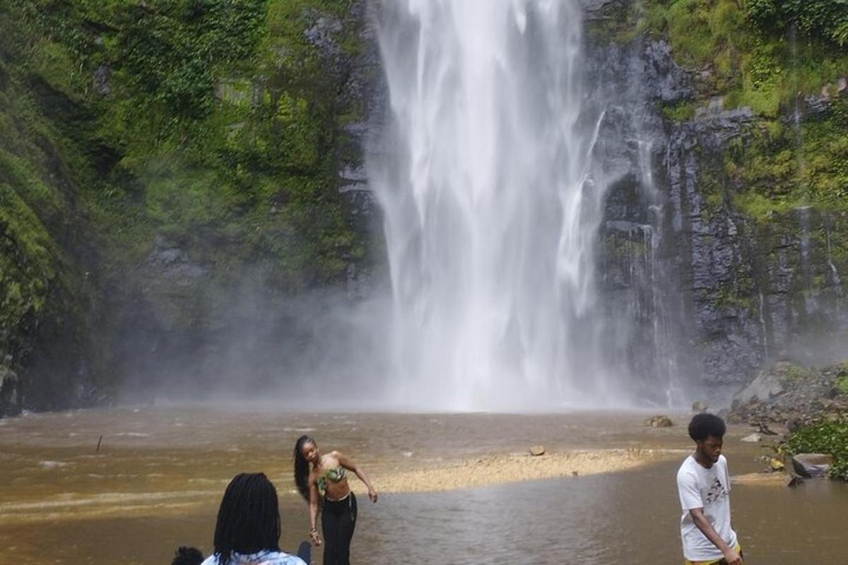 Personas paradas en el agua frente a una cascada.