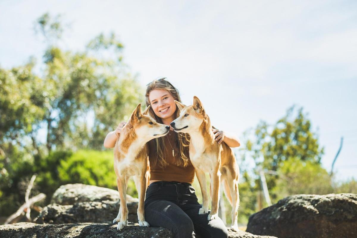 eine Frau mit drei Hunden auf einem Felsen
