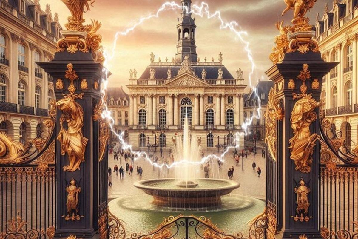 a painting of a fountain in front of a building