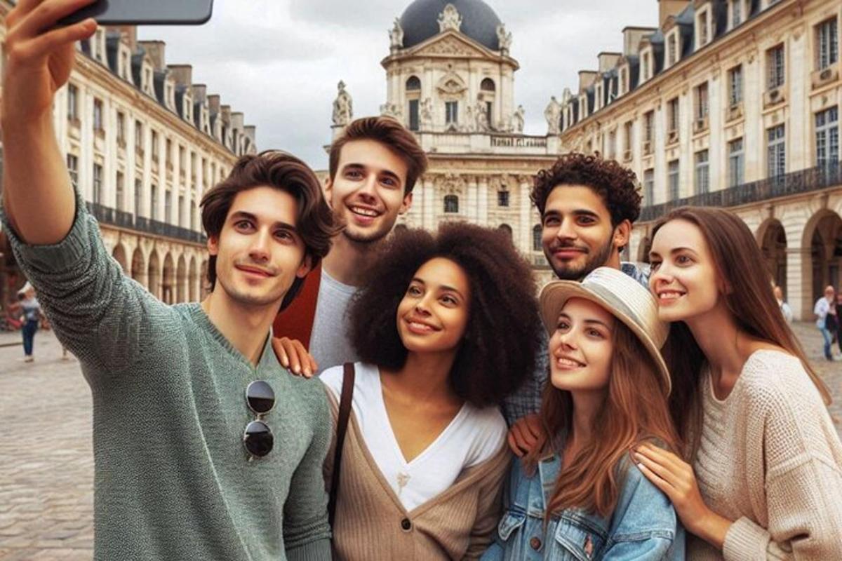 a group of people standing in front of a building