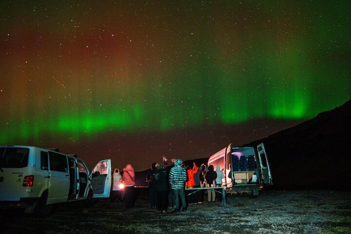 un gruppo di persone in piedi davanti ai loro cammelli sotto l'aurora