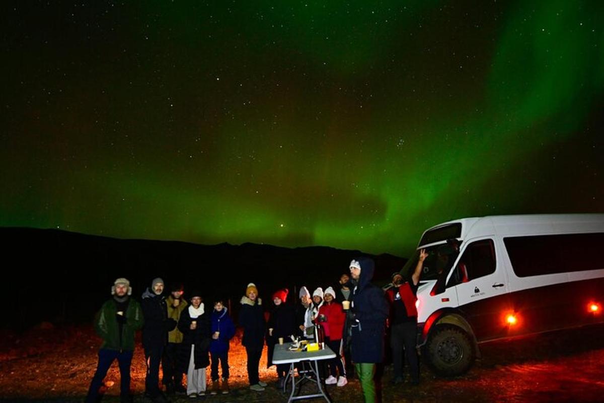 Un grupo de personas de pie bajo la aurora boreal.